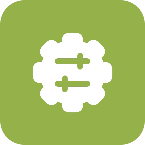 White gear icon on green background.