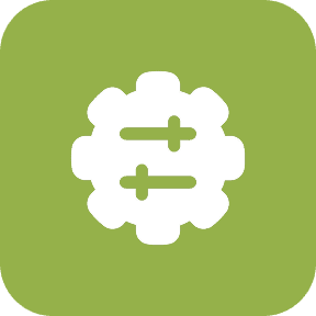 White gear icon on green background.